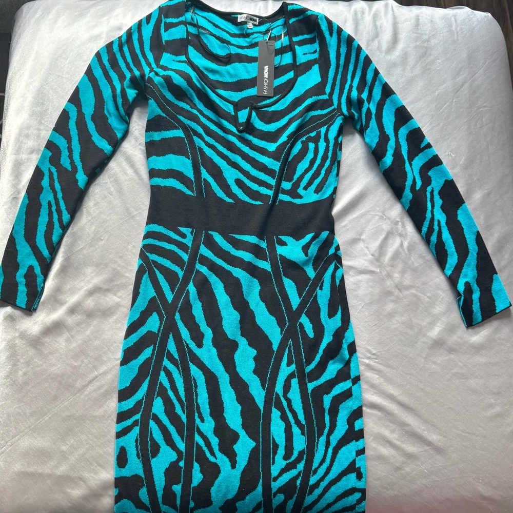 Fashion Nova Blue and Black Wrap Tie Front Bodycon Dress